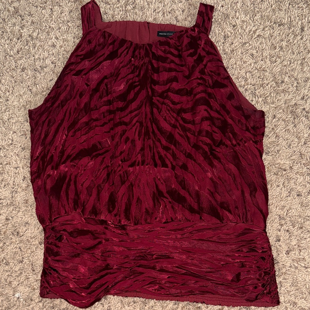 WHBM Burgundy Animal Print Sleeveless Blouse with Shirred Waist